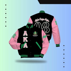Alpha Kappa Alpha Custom Chapter Varsity Jacket, Personalized Pink And Apple Green Duo 1908 Sorority Jacket, Alpha Kappa Alpha Sorority Gift