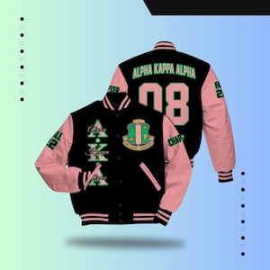 Alpha Kappa Alpha Custom Chapter Varsity Jacket, Personalized Black Mix Salmon Pink Varsity Jacket 1908 Sorority, Custom Chapter Apparel