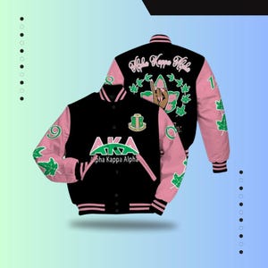 Alpha Kappa Alpha Varsity Jacket, Handsign 1908 Sorority Varsity Jacket, Stylish Pink and Green Greek Apparel, AKA Gift Idea for Women