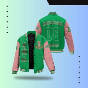 Alpha Kappa Alpha Custom Chapter Stitched Jacket, Personalized Apple Green Mix Salmon Pink 1908 Sorority Jacket, Greek Life Gift Ideas