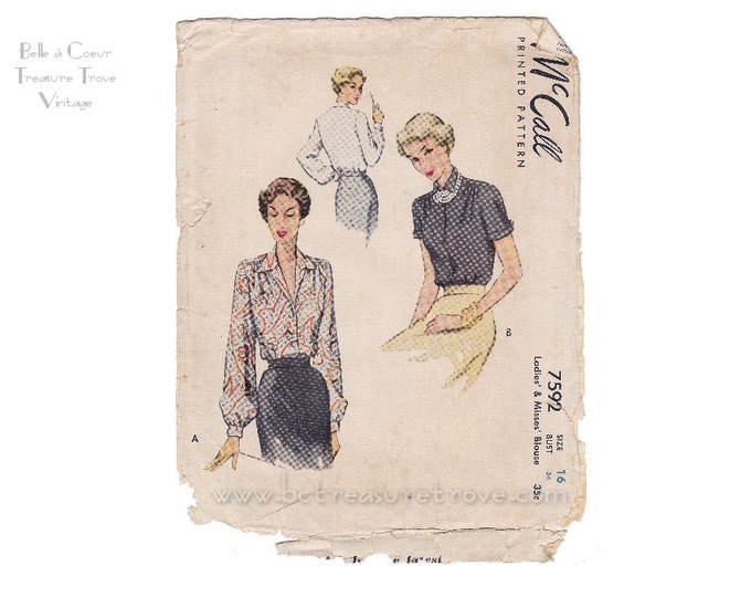 Vintage Blouse Sewing Pattern Uncut 1949 Mccalls B34 Etsy