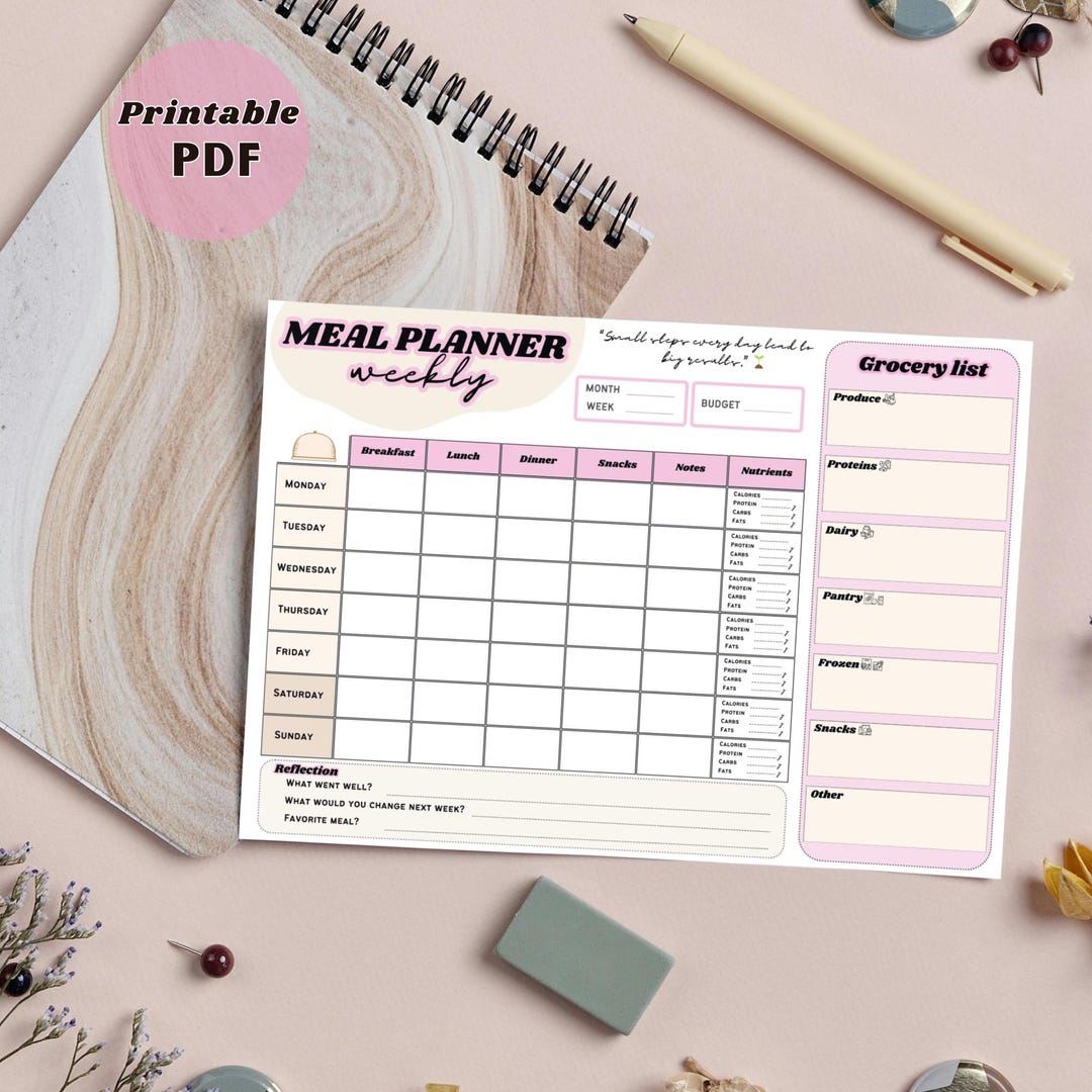 Pink Girl Weekly Meal Planner With Grocery List Nutrition Tracker ...