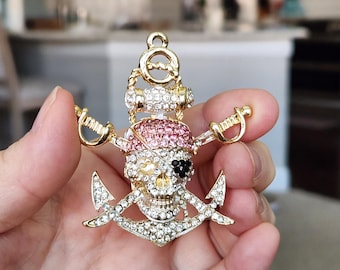 Pirate Skeleton Brooch, Pirate Skull and Swords, Lapel Pin, Rhinestone Brooch, Gift