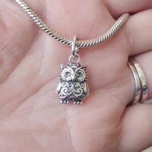 May include: A silver owl charm pendant with intricate detailing, suspended from a silver snake chain. The owl features detailed eyes and decorative patterns. The jewelry is displayed against a soft background.