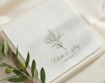 Personalized Olive Branch Wedding Napkins, Greenery Cocktail Napkins, Botanical Wedding Decor, Bridal Shower Napkin