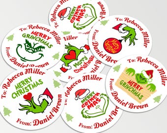 Cute Grinch Kids Gift Labels/Christmas Gift Tags/Grinch Treat Candy Bag Label/Custom Grinch Gift Stickers/From Santa Stickers/Gifts for kids