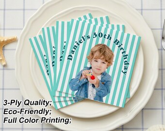 Personalized Birthday Cocktail Napkins with Photo, Custom Napkins with Name and Age, Milestone Party Decor
