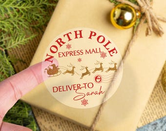 Pegatinas redondas personalizadas con nombre para Navidad/Pegatinas de Papá Noel del Polo Norte/Pegatinas de entrega urgente de Navidad/Entrega de Papá Noel/Pegatinas de regalo de Papá Noel