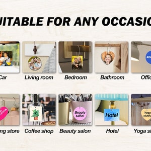 May include: A collage of images showing different places where you can use a custom photo air freshener. The images show a car, living room, bedroom, bathroom, office, clothing store, coffee shop, beauty salon, hotel, and yoga studio.