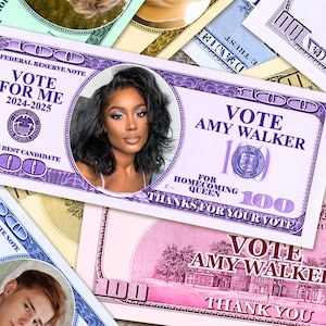 以下が含まれることがあります： 女性の肖像と「Vote Amy Walker for Homecoming Queen」の文字が特徴の、100ドル紙幣に似たノベルティアイテム。「Vote For Me」と「The Best Candidate」の文字も含まれています。