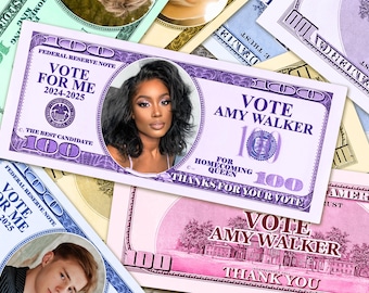 Dinero para la campaña de bienvenida, dinero falso editable para votar, billete de dólar para la bienvenida, plantilla personalizada de billete de 100 dólares, reina del baile de graduación, envío gratis