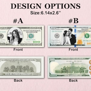 Puede incluir: Dos opciones de dise&ntilde;o personalizadas para un art&iacute;culo novedoso, cada una similar a un billete de 100 $. La opci&oacute;n A presenta la foto de una mujer con el texto "Feliz Cumplea&ntilde;os". La opci&oacute;n B muestra una pareja con el texto "Feliz D&iacute;a de la Boda". El tama&ntilde;o es de 15,6 x 6,6 cm.