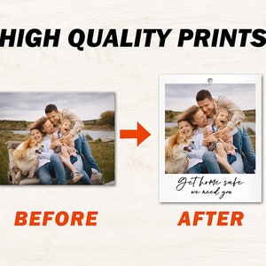 May include: A family of four, including a dog, poses for a photo in a field. The photo is printed on a white background with a Polaroid frame and the text "Get home safe we need you".