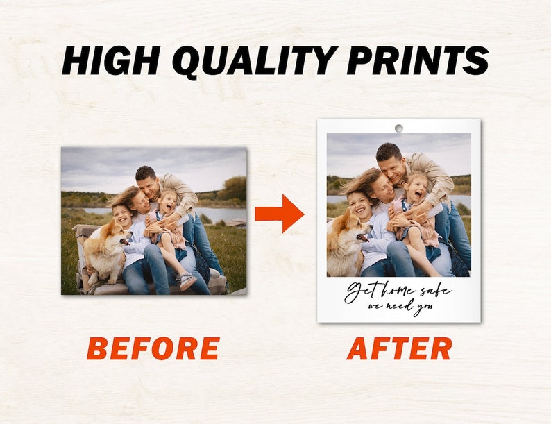 May include: A family of four, including a dog, poses for a photo in a field. The photo is printed on a white background with a Polaroid frame and the text "Get home safe we need you".