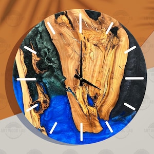 Live Edge Rustic Olive Wood Wall Clock, Olive Wood Wall Clock - Custom Made Resin , Home gift,  New Home Gift