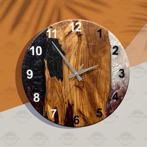 Live Edge Rustic Olive Wood Wall Clock, Olive Wood Wall Clock - Custom Made Resin , Home gift,  Birthday Gift,