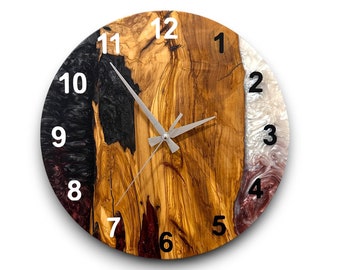 Reloj de pared de madera de olivo: Arte de resina y borde natural