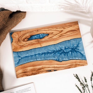 Personalized Custom Olive Wood and Epoxy Charcuterie Board, Stunning Turquoise Design , Handmade Resin Serving Board, Valentine&#39;s Day Gift