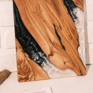 Handmade Olive Wood Charcuterie Board: Black & White Resin River