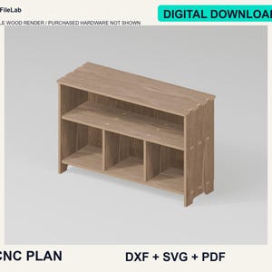 Vinyl Record Storage Console CNC Plan, Three Lower Bays and Open Upper Shelf, Plywood DXF SVG Files and English Guide