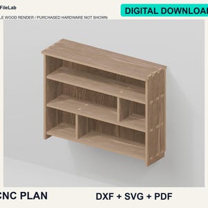 Può includere: Un piano CNC digitale 1 da scaricare per uno scaffale in legno con file DXF, SVG e PDF. Lo scaffale presenta una finitura in venature del legno marrone chiaro, tre ripiani orizzontali e divisori verticali con giunzioni a pettine.
