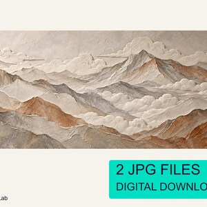 Papel de parede mural em baixo-relevo com nuvens e montanhas | 2 arquivos JPG | Download digital