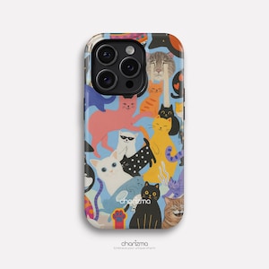 Cute Cat Collage Phone Case, Colorful Kitten Abstract Design Tough Case for iPhone 14 15 16 Pro Fun Playful Cats Pattern Gift for Cat Lovers