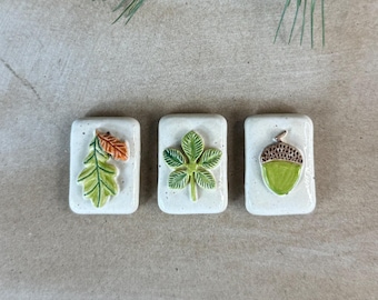 Handmade square ceramic magnets autumn motifs oak chestnut office fridge magnets rustic unique gift Easter