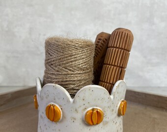 Handmade ceramic bowl with pumpkin ornaments, autumn decoration, storage, planter for small plants, country style, Easter table decoration