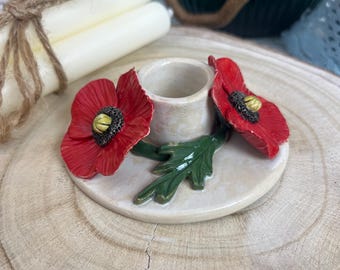 Handmade beige ceramic candlestick with hand-painted poppy flowers, floral table decoration, unique Easter gift