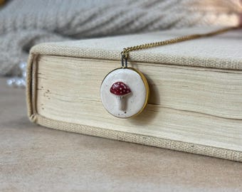 Handmade Fly Agaric Pendant with Necklace Ceramic Jewelry Gold Gift Unique Accessory Easter Charm Vintage Holiday
