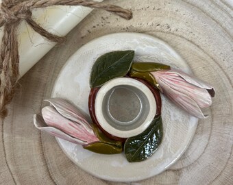 Handmade beige ceramic candlestick with hand-painted magnolia blossoms, floral table decoration, unique gift