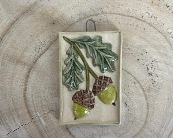 Decorative ceramic tile oak relief, handmade tile, handmade ceramic tile, gift, Christmas, floral ceramic Easter