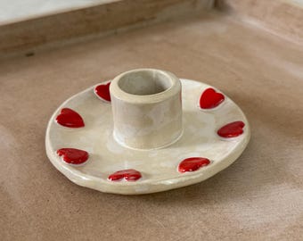 Handmade beige ceramic candlestick with heart ornaments, romantic table decoration, country style, unique gift