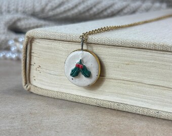 Handmade holly pendant with necklace ceramic jewelry gold gift unique accessory Easter charm vintage unique