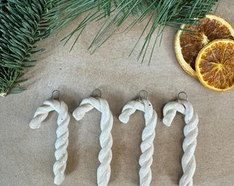 Handmade candy cane ornaments, ceramic, white with brown speckles, festive Christmas decoration, Christmas tree gift, Christmas