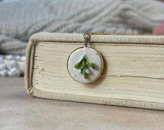 Handmade mistletoe pendant with necklace ceramic jewelry gold gift unique accessory Easter charm vintage unique