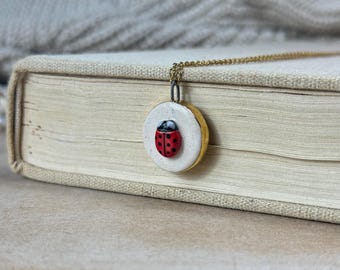 Handmade Ladybug Pendant with Necklace Ceramic Jewelry Gold Gift Unique Accessory Easter Charm Vintage Unique