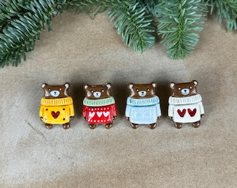 Cute little teddy bear brooches with sweater handmade ceramic jewelry gift Easter personal unique jewelry pin