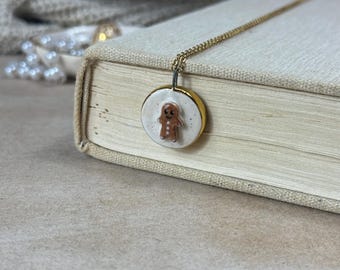 Handmade Gingerbread Man Pendant with Necklace Ceramic Jewelry Gold Gift Unique Accessory Easter Charm Vintage Holiday