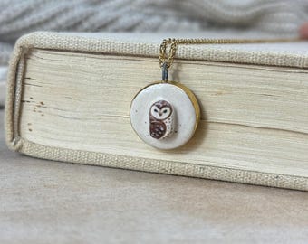 Handmade Owl Pendant with Necklace Ceramic Jewelry Gold Gift Unique Accessory Easter Charm Vintage Holiday Animals