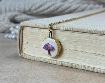 Handmade Umbrella Pendant with Necklace Ceramic Jewelry Gold Gift Unique Accessory Easter Charm Vintage Unique