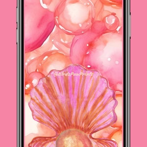 May include: A watercolor illustration of a pink seashell with a pearl inside. The background is a pink and orange watercolor design with the text "@BirdsPawPrints".