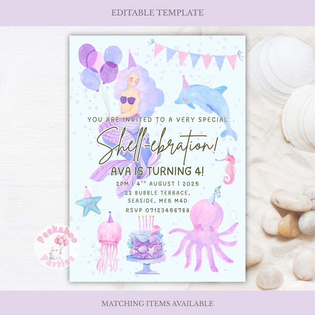 Mermaid Birthday Invitation - Editable Template | Shell-ebration Party ...