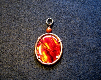 Red paua shell and copper pendant