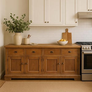 May include: A wooden kitchen sideboard with four drawers and four cabinet doors. The sideboard is a warm brown colour and has brass hardware. A vase with greenery, a small ceramic container, and a bowl of lemons sit on top. White cabinets and a stove are in the background.