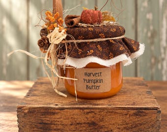 Harvest Pumpkin Butter Jar | Handmade Fall Farmhouse Decor | Repurposed Glass Jar with Putka Pumpkin