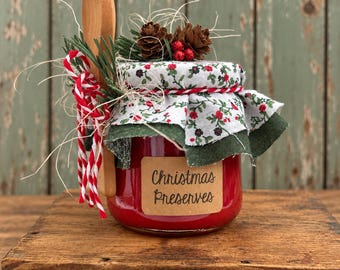 Christmas Preserves Jar | Repurposed Glass Jar with Wooden Spoon | Farmhouse Holiday Decor | Handmade Faux Preserves Jar