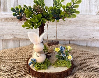 Spring Bunny, Garden Swing, Tiered Tray, Handmade, Wood Beads, Shelf Sitter, Easter Decor, Vignette, Assemblage, Spring, Farmhouse, Rustic