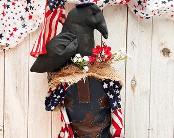 Primitive Patriotic Crow, Flag, Cowboy Boot, Americana, Fourth of July, Patriotic, Assemblage, Thrifted, Shelf Sitter, Red, White and Blue